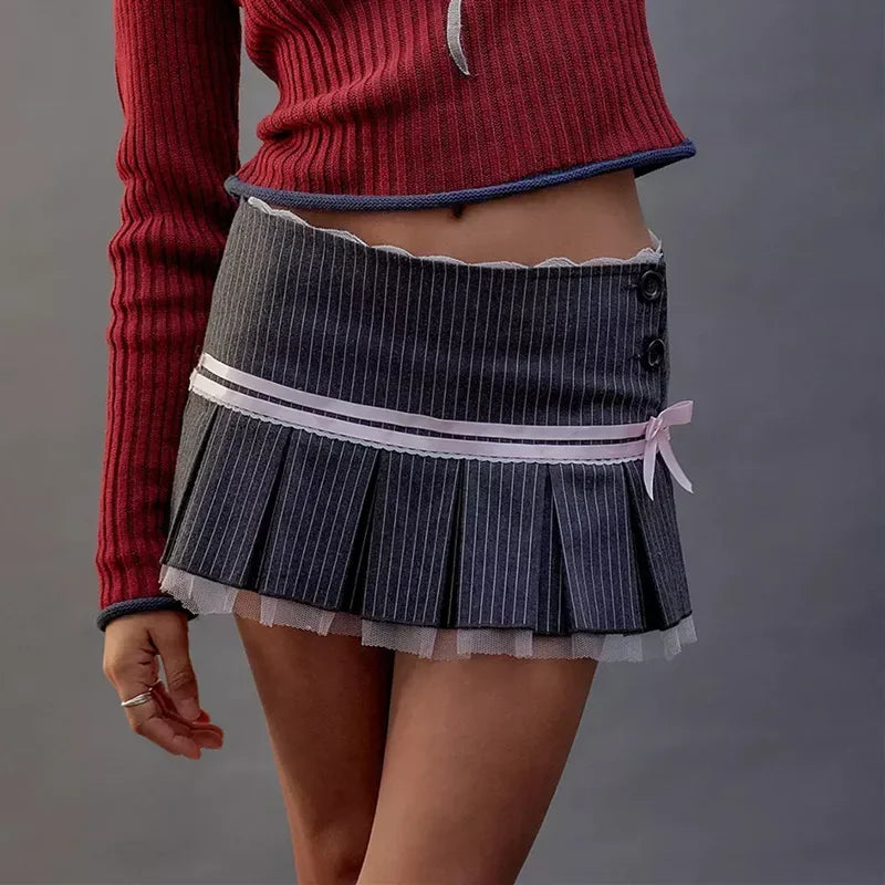 DressBetty - Lace Splice Bow Bandage Fashion Folds Skirt - VelvetHem