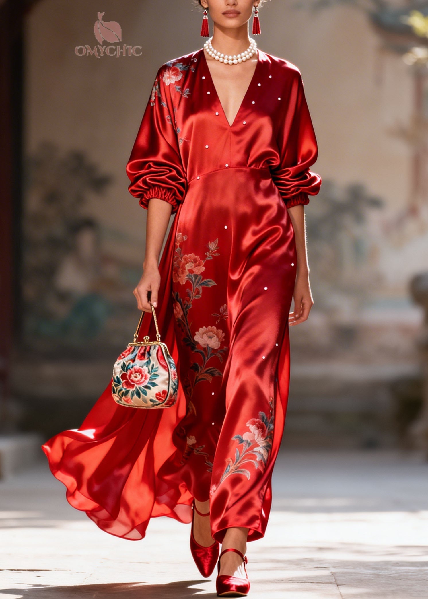 New Red V Neck Print Pearl Silk Long Dress Summer