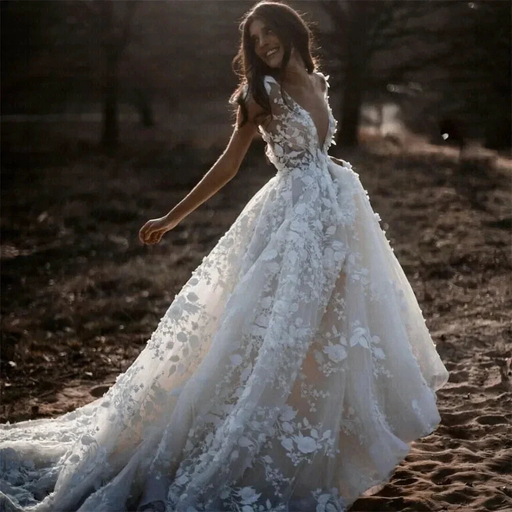 New Romantic Boho Country Wedding Dresses With 3D Flowers Sexy V-Neck Illusion Arabic Bridal Wedding Gowns by payinti