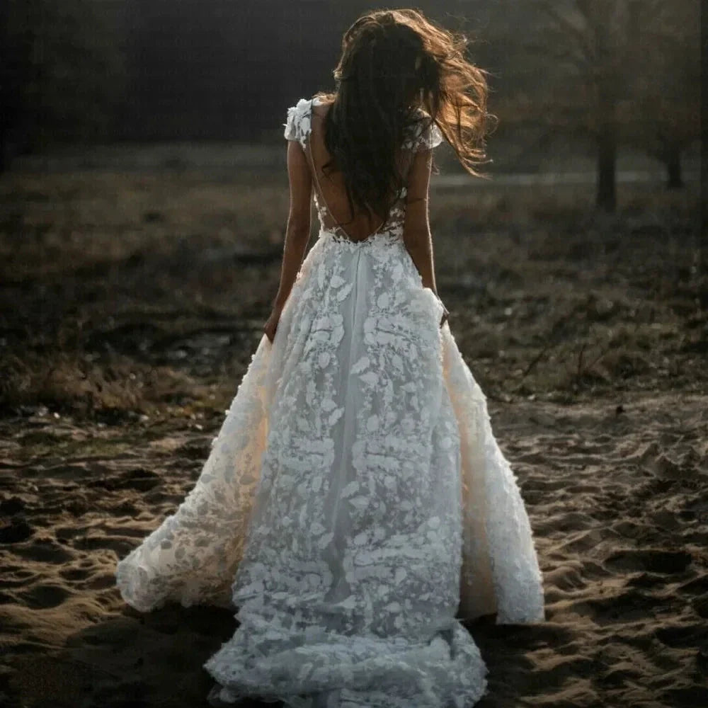 New Romantic Boho Country Wedding Dresses With 3D Flowers Sexy V-Neck Illusion Arabic Bridal Wedding Gowns (ZD14031)