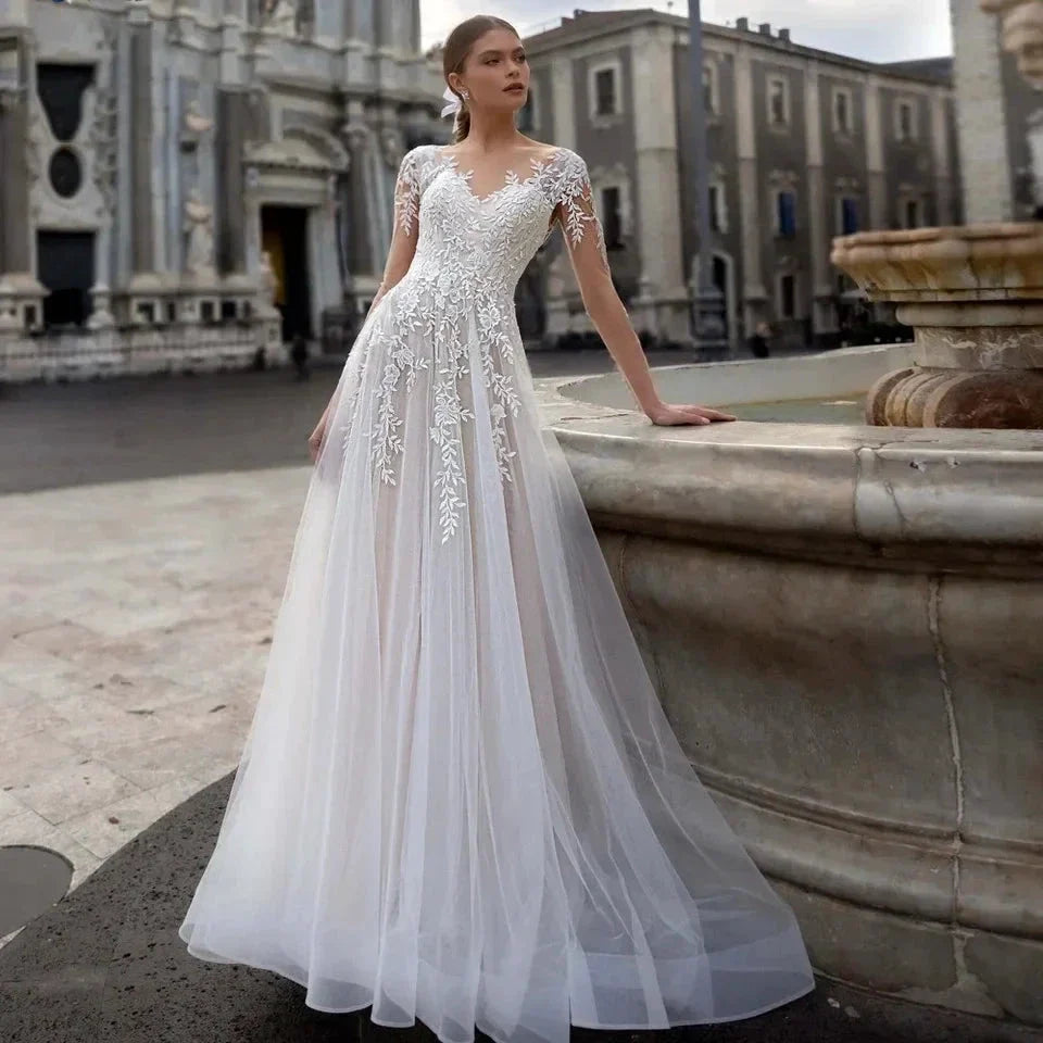 New Simple Wedding Dress V-Neck Vestidos De Novia Appliques Long Sleeves Vestido De Noiva Lace Robe De Mariée by payinti