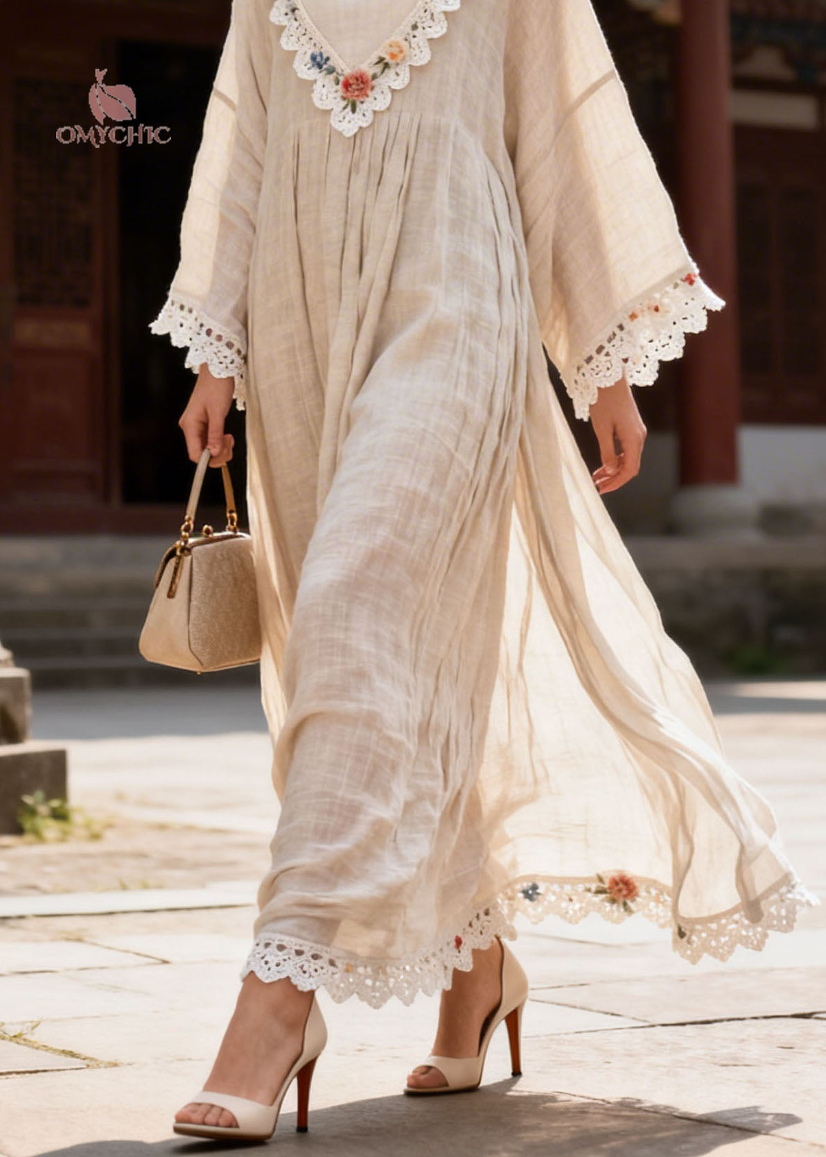 New V Neck Lace Floral Patchwork Cotton Dress Summer
