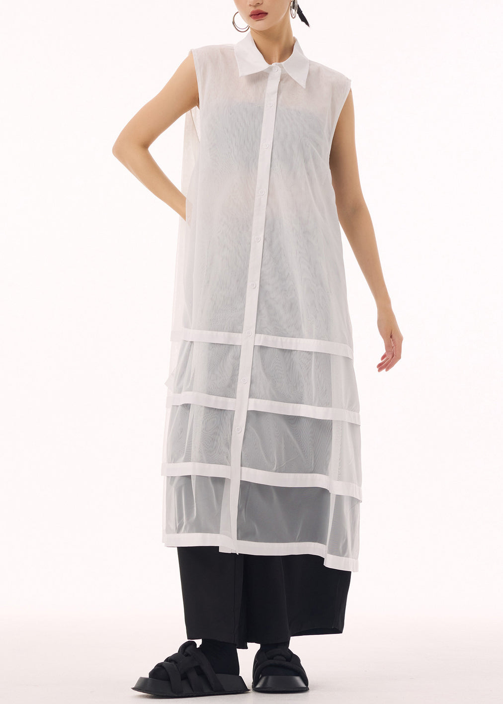 New White Peter Pan Collar Tulle Patchwork Cotton Maxi Dresses Sleeveless