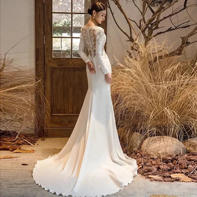 New White V-neck Mermaid Lace Real Photo 2023 Satin Wedding Dress Korean Style Zipper Wedding Gowns (ZD13377) - VelvetHem