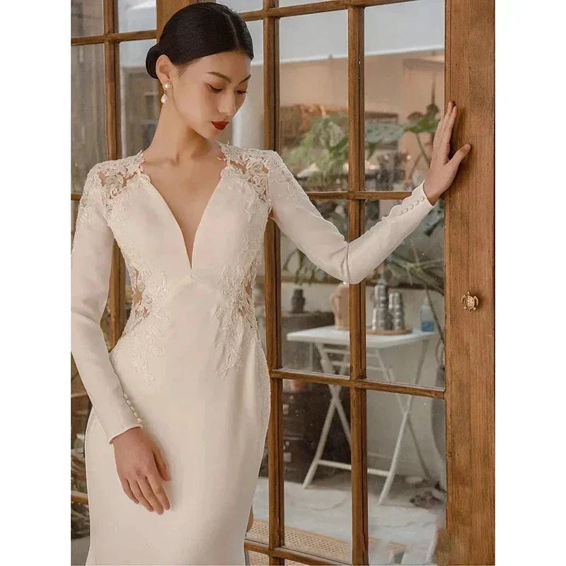 New White V-neck Mermaid Lace Real Photo 2023 Satin Wedding Dress Korean Style Zipper Wedding Gowns (ZD13377)