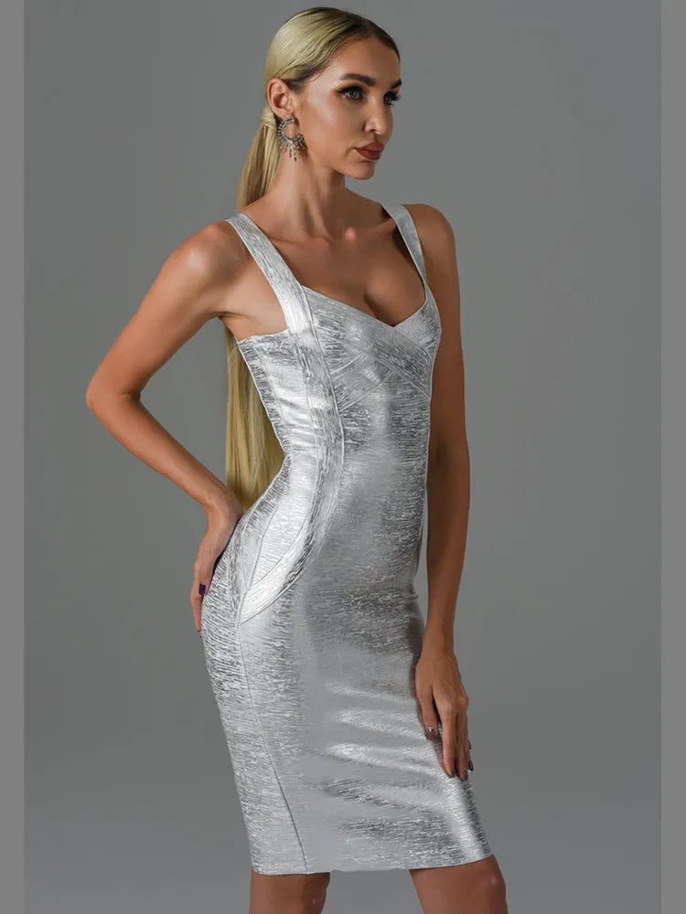 Summer Sleeveless Backless Gold Bronzing Midi Bodycon Dress