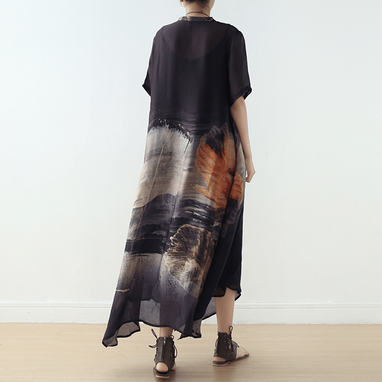 New Women's Retro Disc Button Loose Large Size Irregular Silk Printed Dress