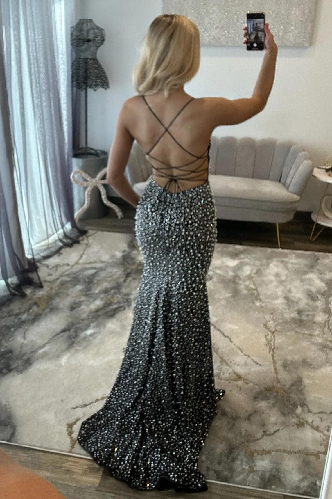 Glamorous Spaghetti Straps Light Blue Mermaid Prom Dress with Pearl Beaded