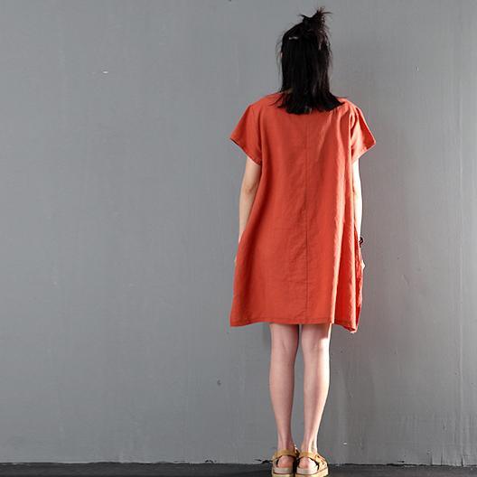 New orange linen sundress loose causal summer dresses short sleeve blouse