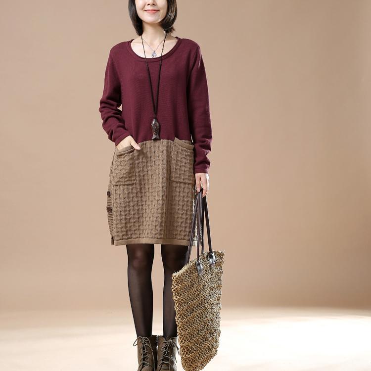 New pattern knit burgundy sweaters oversize dresses