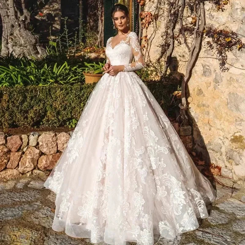 Newest Ball Gown Wedding Dress Elegant Long Sleeve Robe De Mariee Illusion Back Trouwjurk O-Neck Gorgeous vestidos de novia (ZD14116)