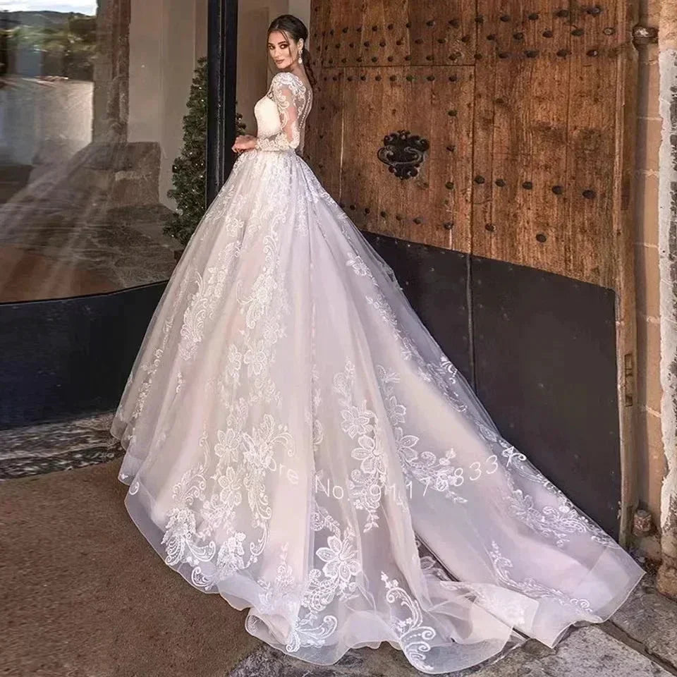 Newest Ball Gown Wedding Dress Elegant Long Sleeve Robe De Mariee Illusion Back Trouwjurk O-Neck Gorgeous vestidos de novia by payinti