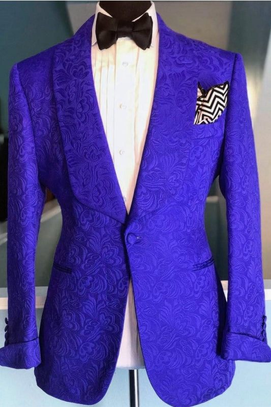 Newest Royal Blue Jacquard Shawl Lapel 2 Piece Wedding Suit