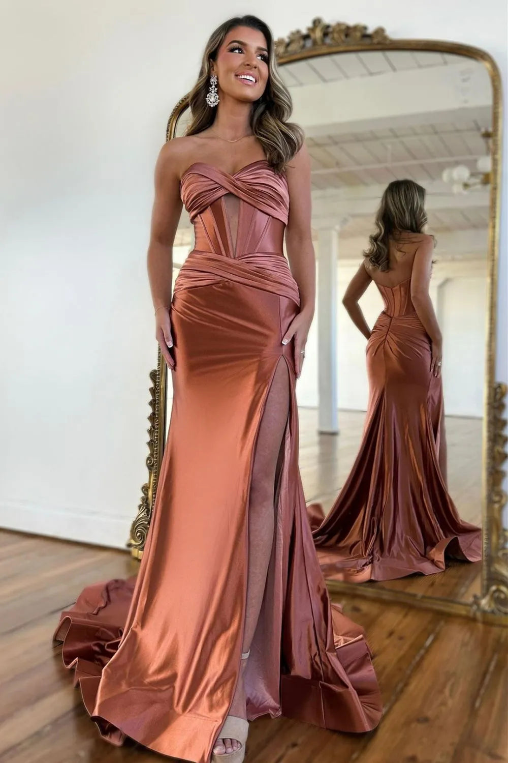 Satin Mermaid Strapless Long Prom Dress With Split - View 8 | VelvetHem