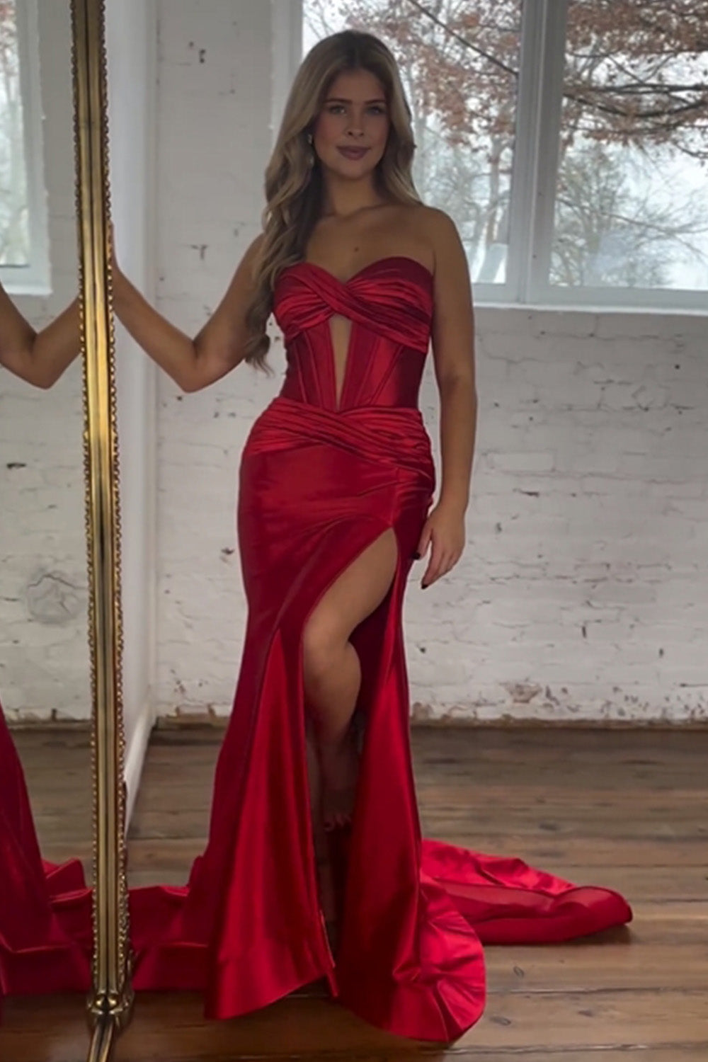 Satin Mermaid Strapless Long Prom Dress With Split - View 2 | VelvetHem