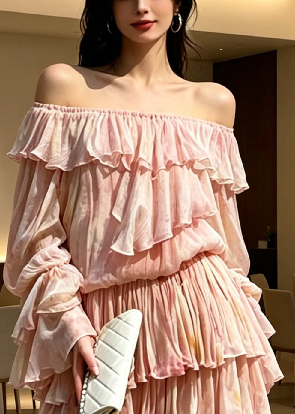 Novelty Pink Ruffled Patchwork Cold Shoulder Chiffon Mid Dress Long Sleeve