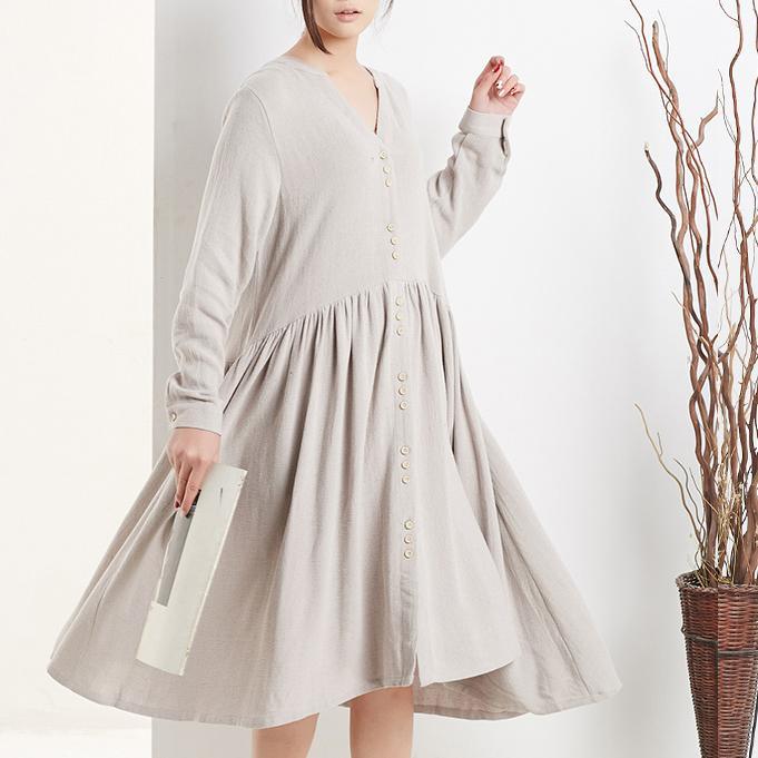 Nude linen dresses long sleeves fit flare sundresses oversize causal shirt dress