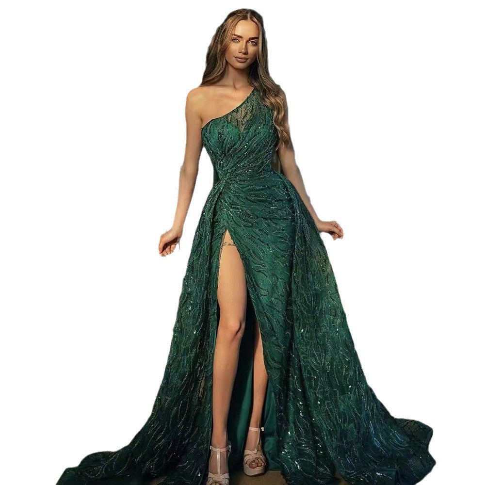 Off-Shoulder Slit Sequined Halter Dress