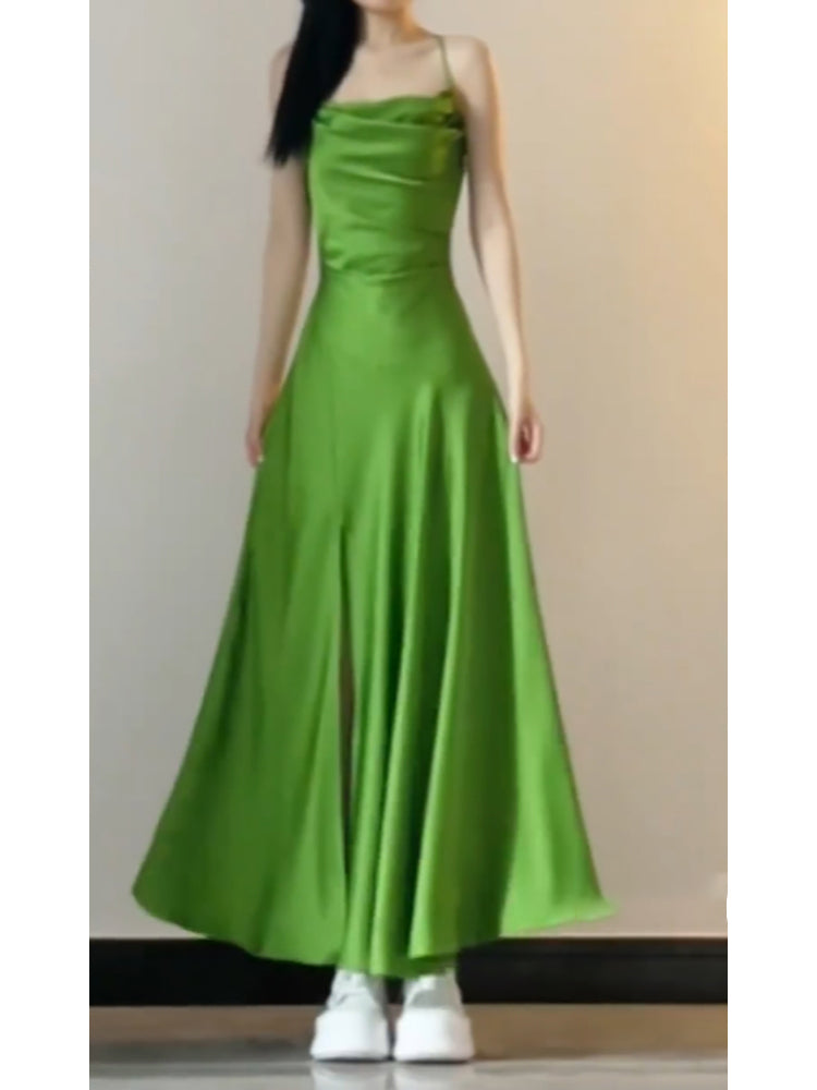 Sexy A line Spaghetti Straps Green Holiday Dress Satin Birthday Dresses Birthday Outfits - View 4 | VelvetHem