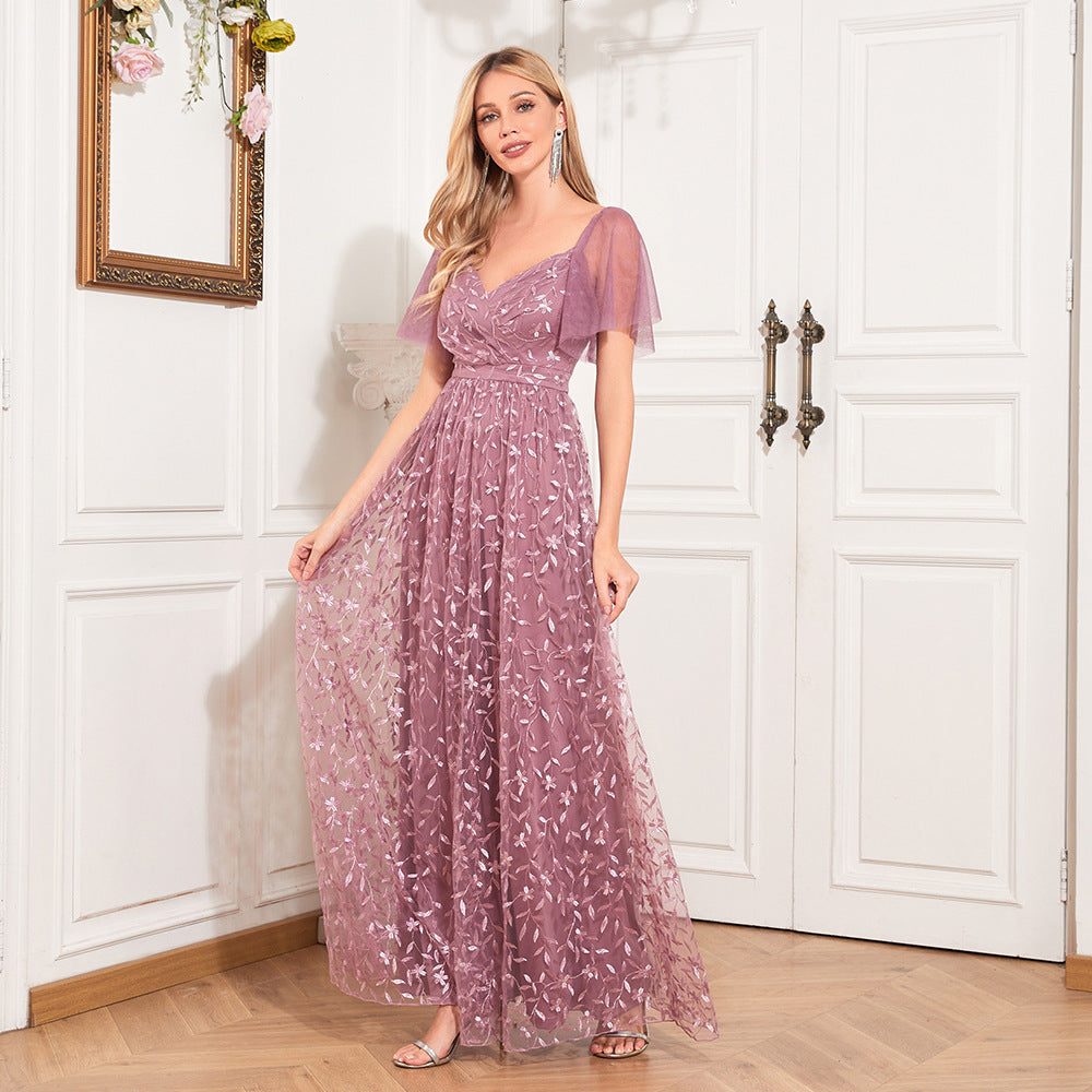Elegant See through Short Sleeve V neck U Back Evening Dress A line Embroidery Mesh Full Lining Dress