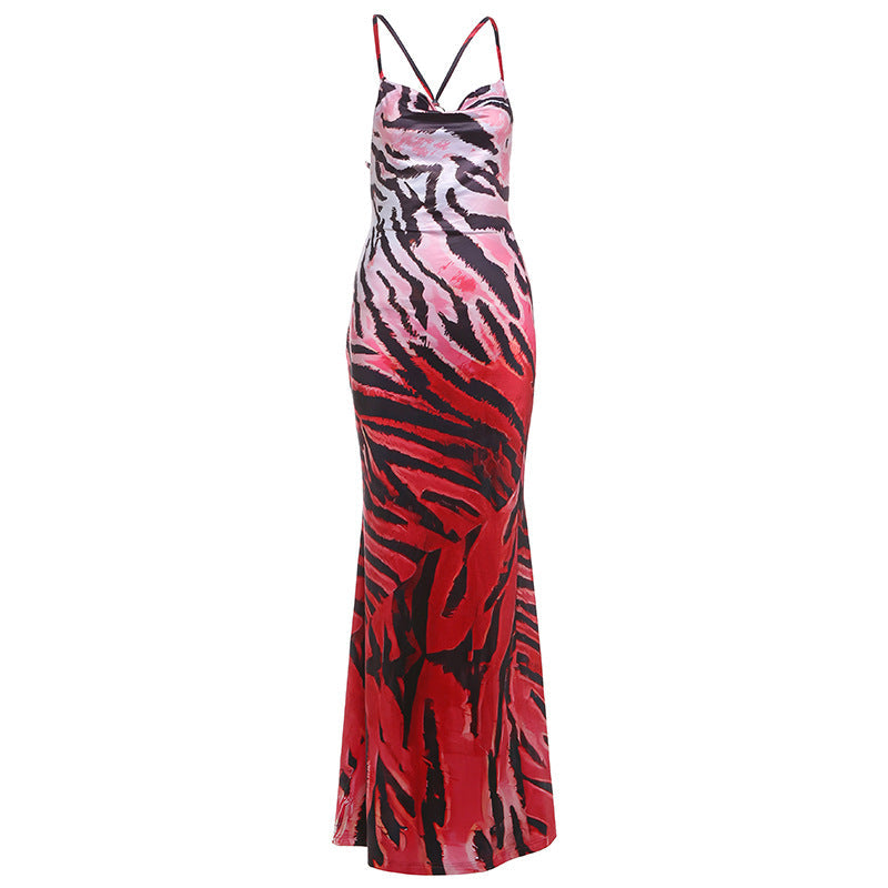Backless Lace up Gradient Spaghetti Strap Floral Print Dress Maxi for