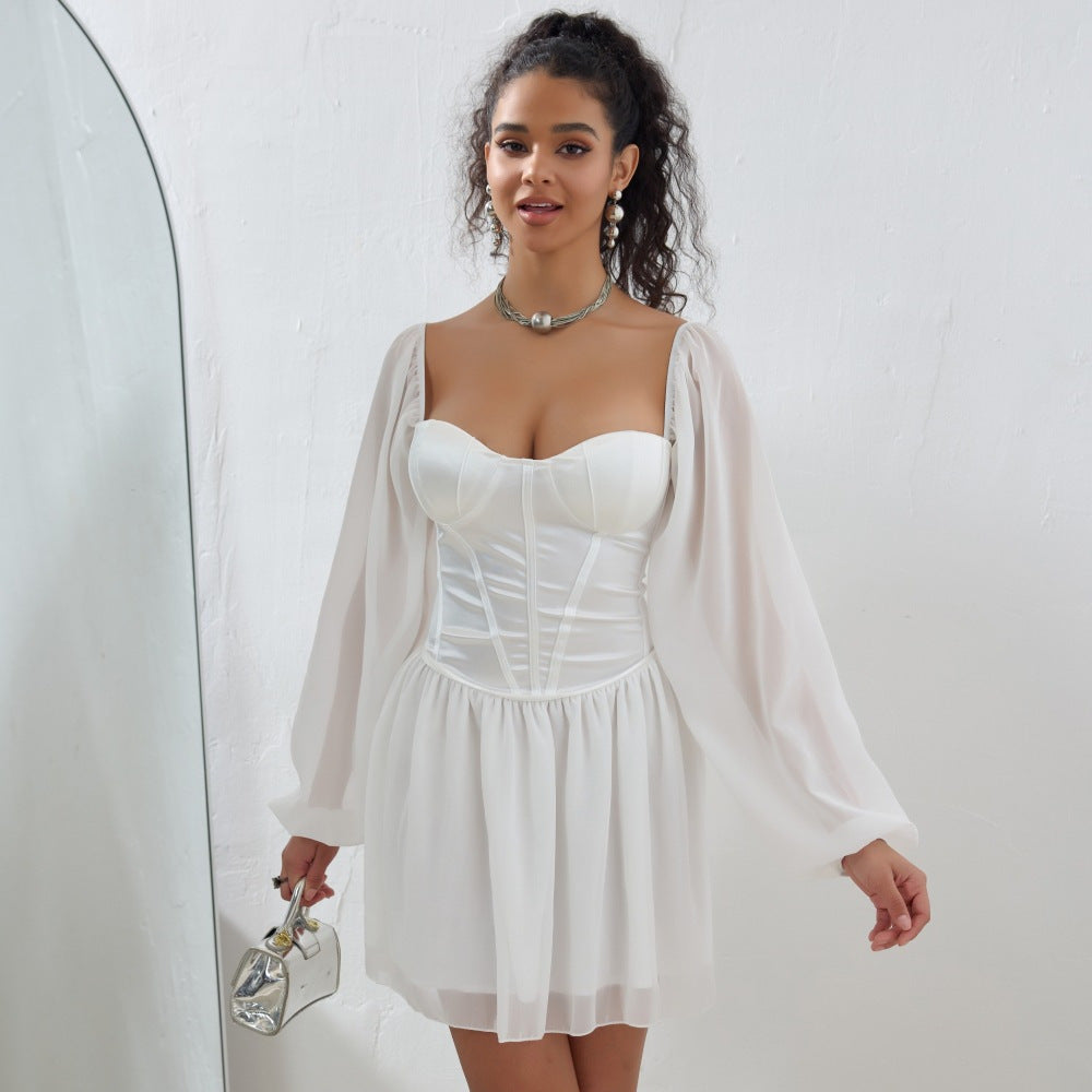 Plus Size Dress Tube Top Square Collar Mesh Stitching Satin High Waist A line Dress