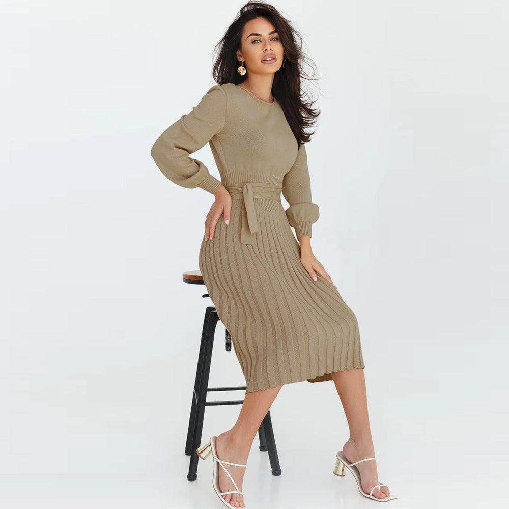 Knitting Dress Slim - Fit Pleated Mid - Length Bottoming Sweater