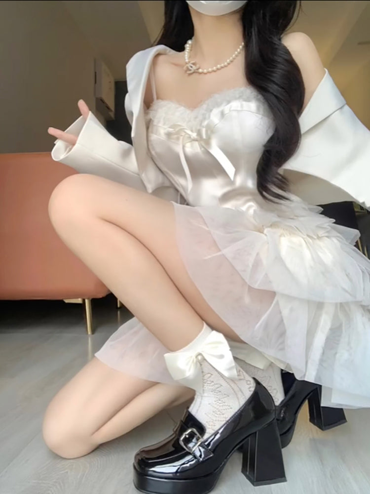 Chic 2 Pieces White Top and Bottom Skirt Tulle Party Dress Birthday Dresses Birthday Outfits - View 2 | VelvetHem