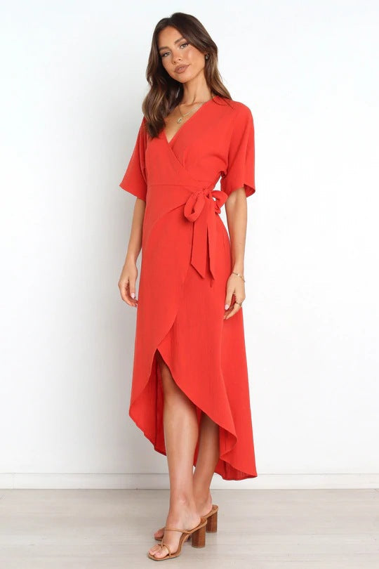 Bold Move Wrap Midi Dress Red