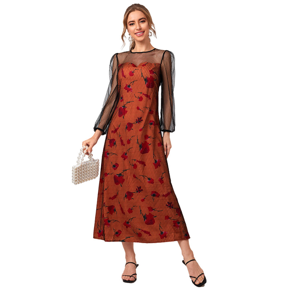 round Neck Long Sleeve Elastic Waist Long Patchwork Elegant Dress