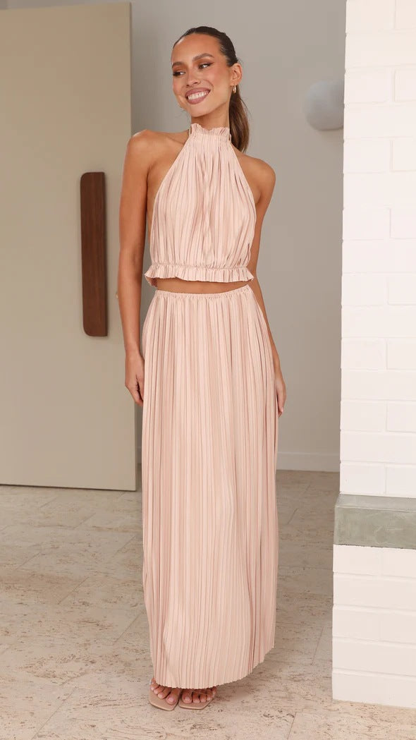Year Halter Backless Lacing Suit Pleated Dress