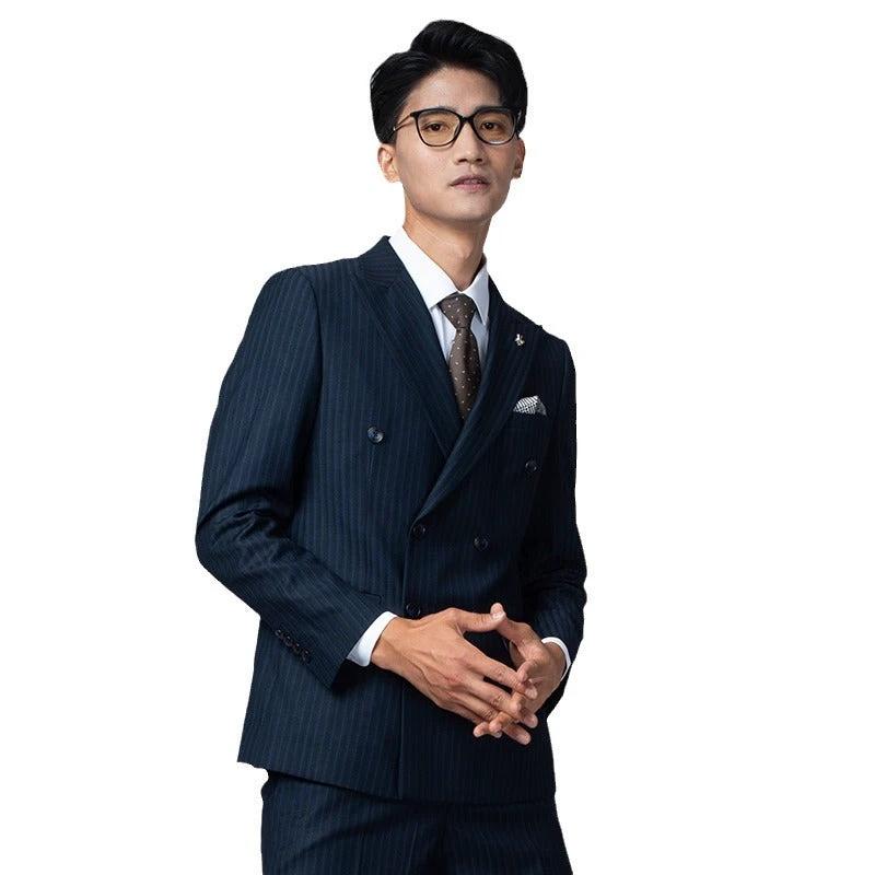 Double Breasted Navy Pinstripe Suit For Men Premium Wool Slim Fit Groom Wedding (ZD17081) - VelvetHem