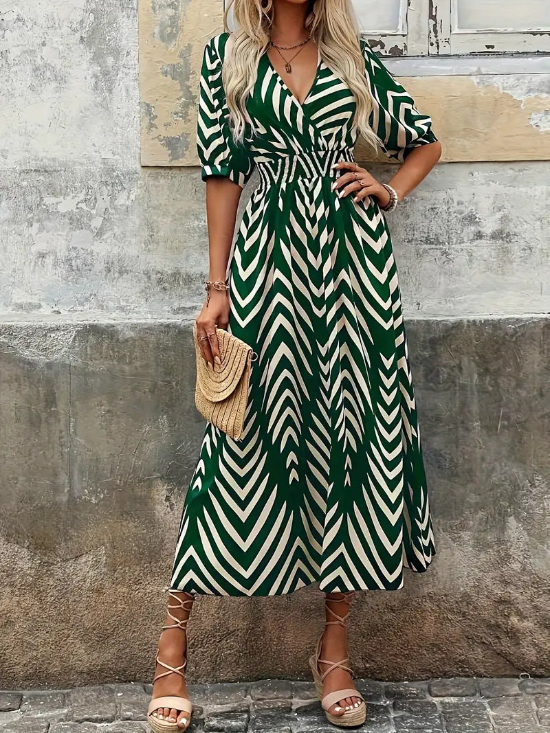 Isabella Minimalist V Neck Dress with Geometric Print Designer Edit