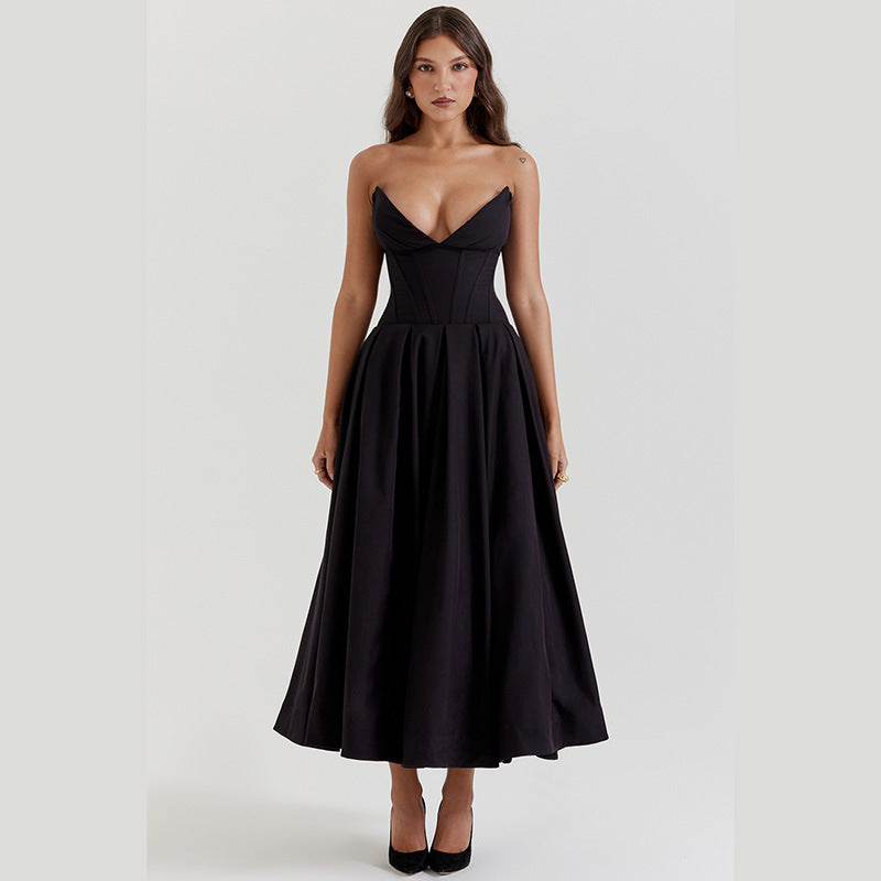 Fashionable Pointed Angle Boning Corset Waist A Line Dress Tube Top