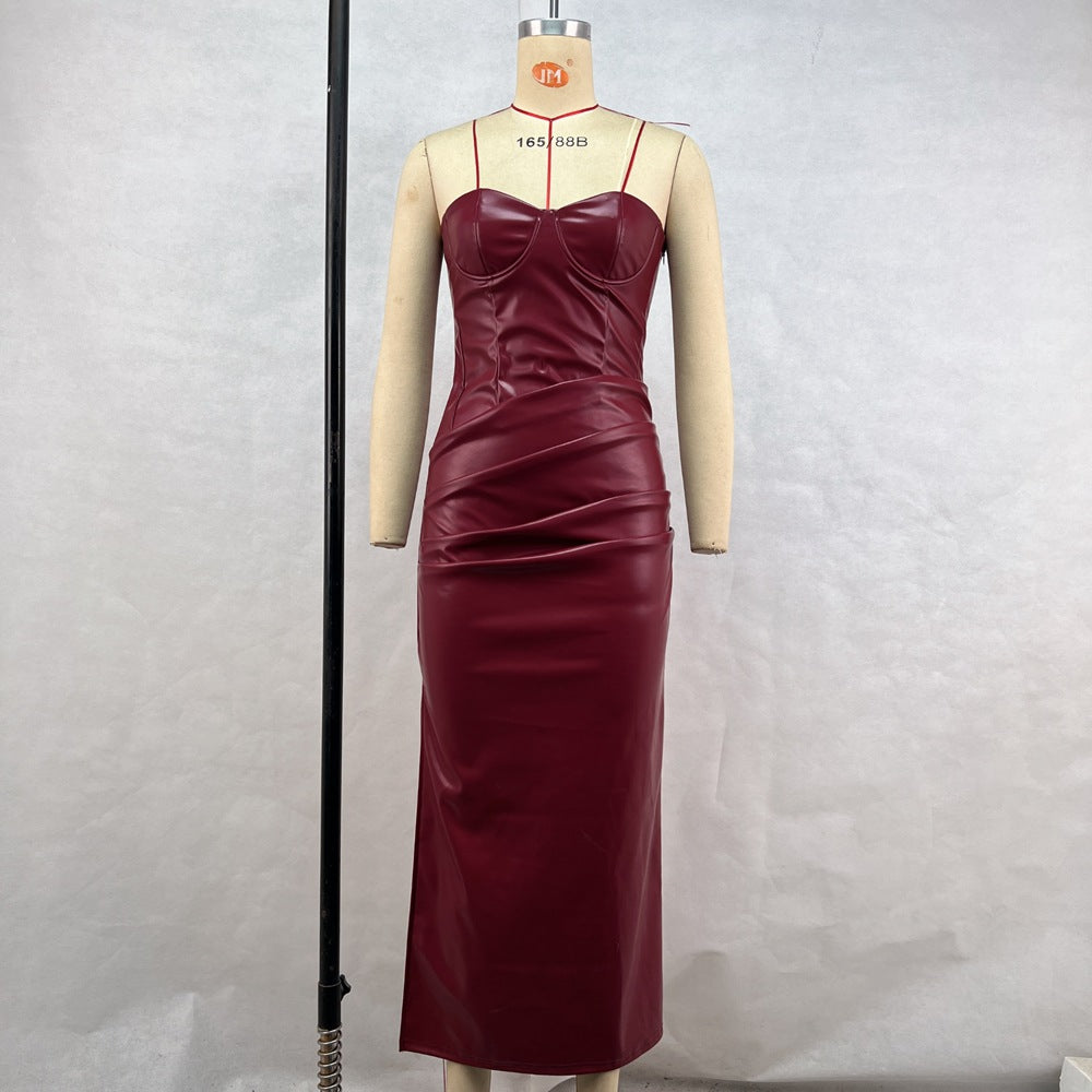 Elegant Faux Leather Tube Top Strap Fold Split Dress