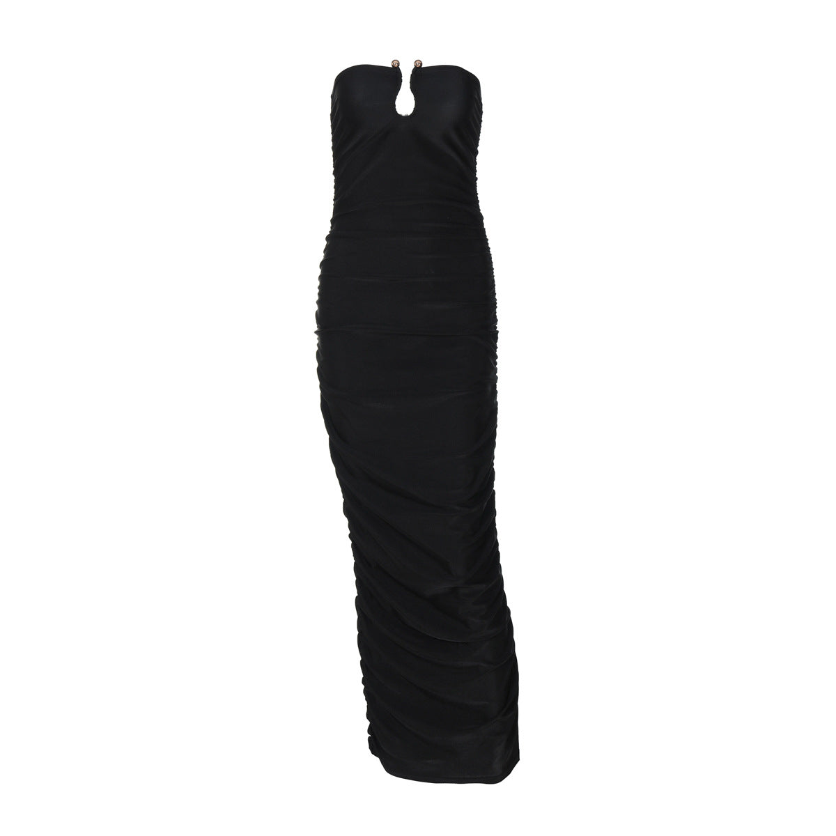 V neck Back Slim Pleated Solid Color Dress