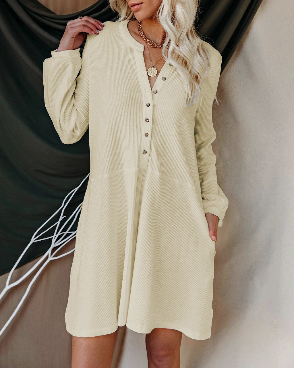 Verity Cotton Blend Pocketed Henley Dress Oatmeal FINAL