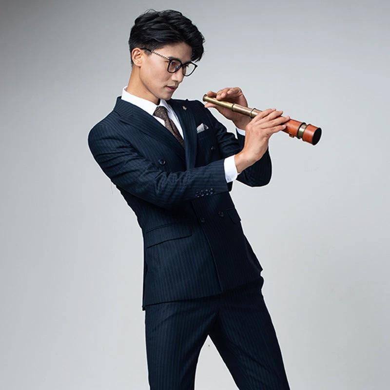 Double Breasted Navy Pinstripe Suit For Men Premium Wool Slim Fit Groom Wedding (ZD17081)