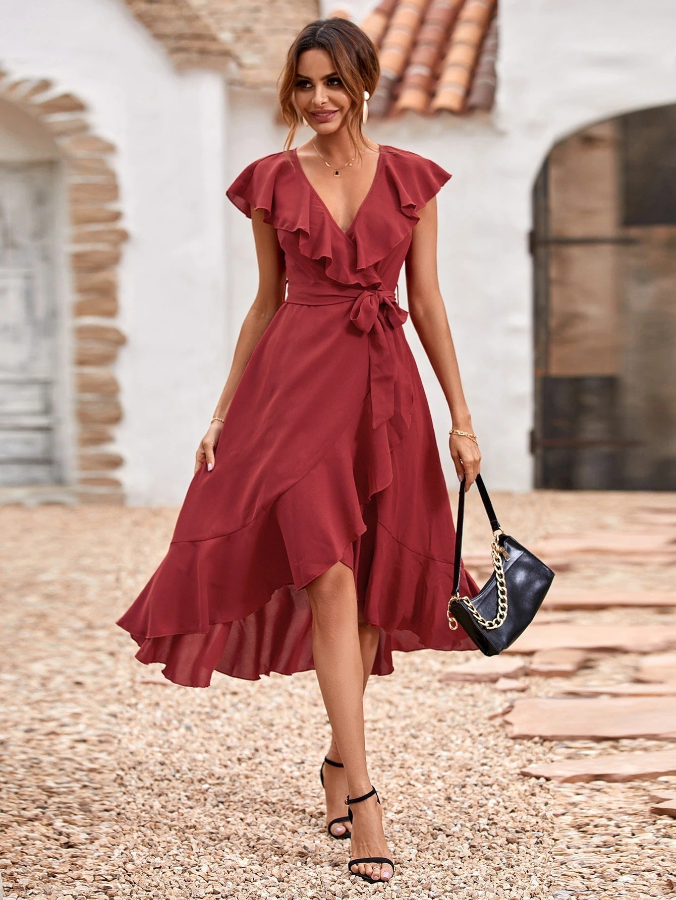 Red Carpet Ruffle Wrap High Low Maxi Dress Maroon FINAL