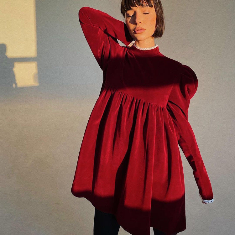Leila Statement Women's a Line Dress with High Collar and Ruffle Details Chic Silhouette Collection