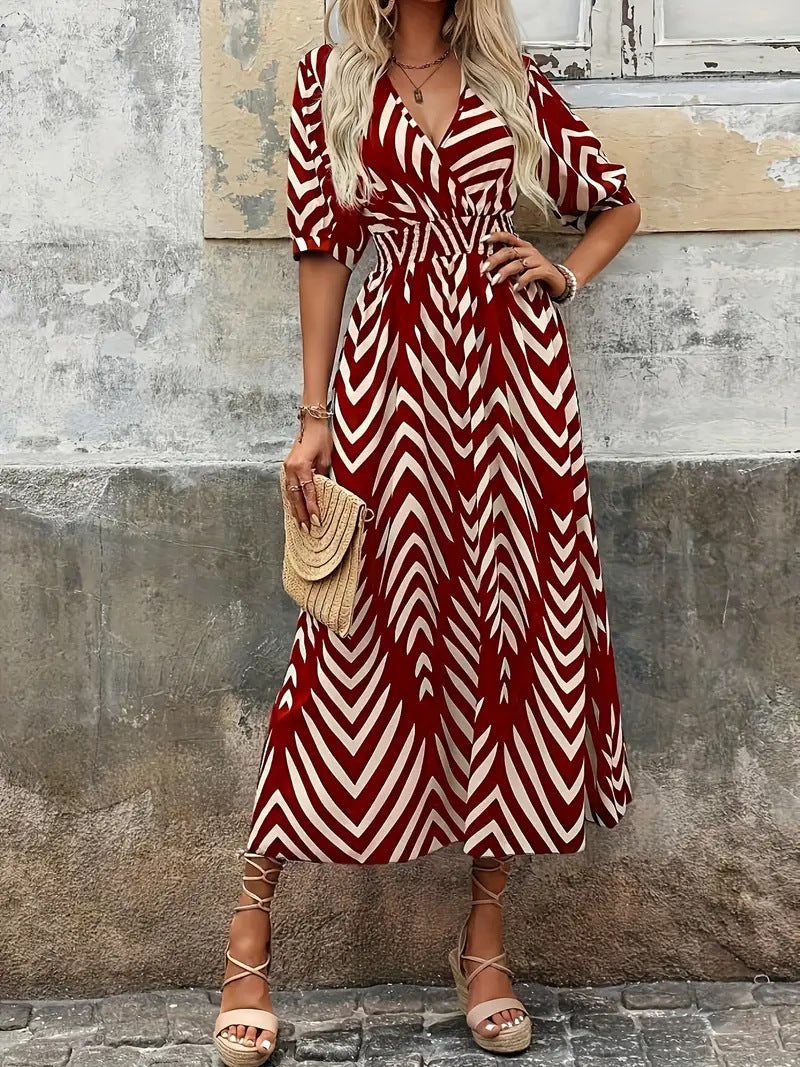 Isabella Minimalist V Neck Dress with Geometric Print Designer Edit
