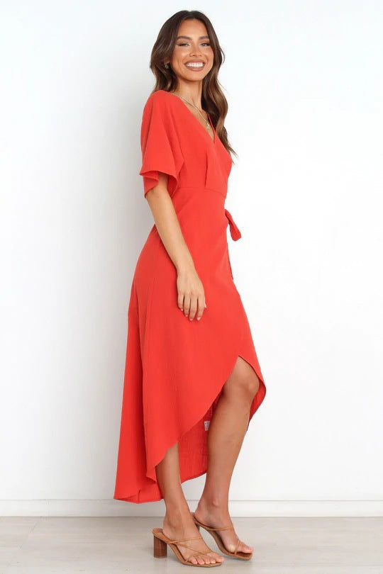 Bold Move Wrap Midi Dress Red