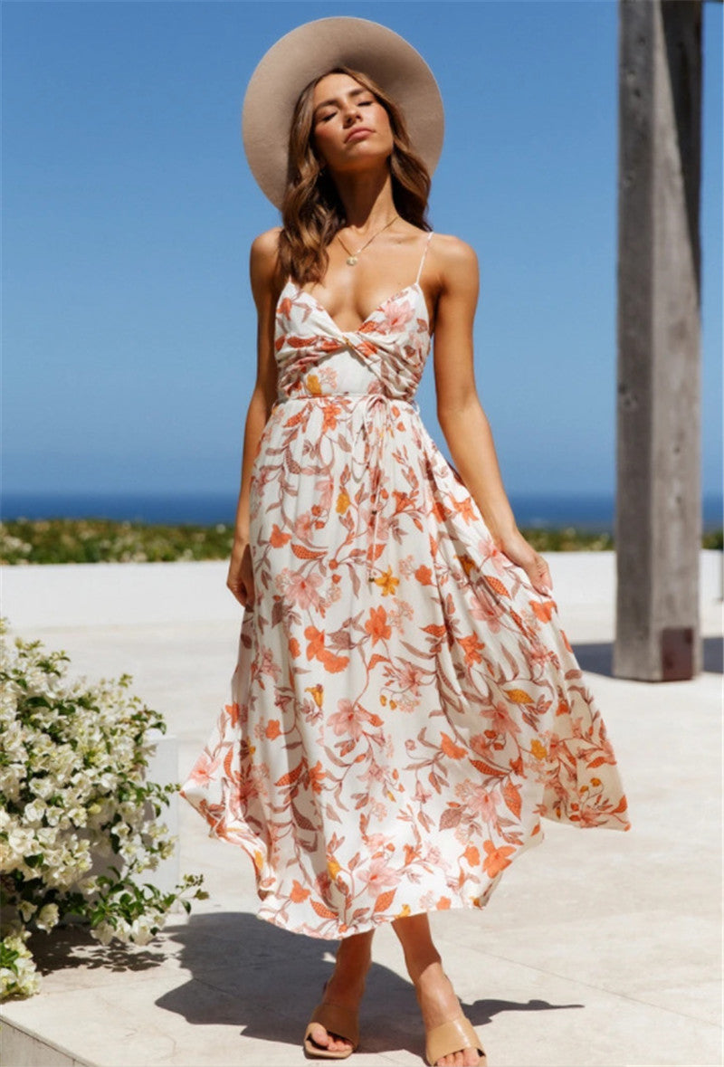 Uzma Floral Smocked Tie Maxi Dress Coral Pink