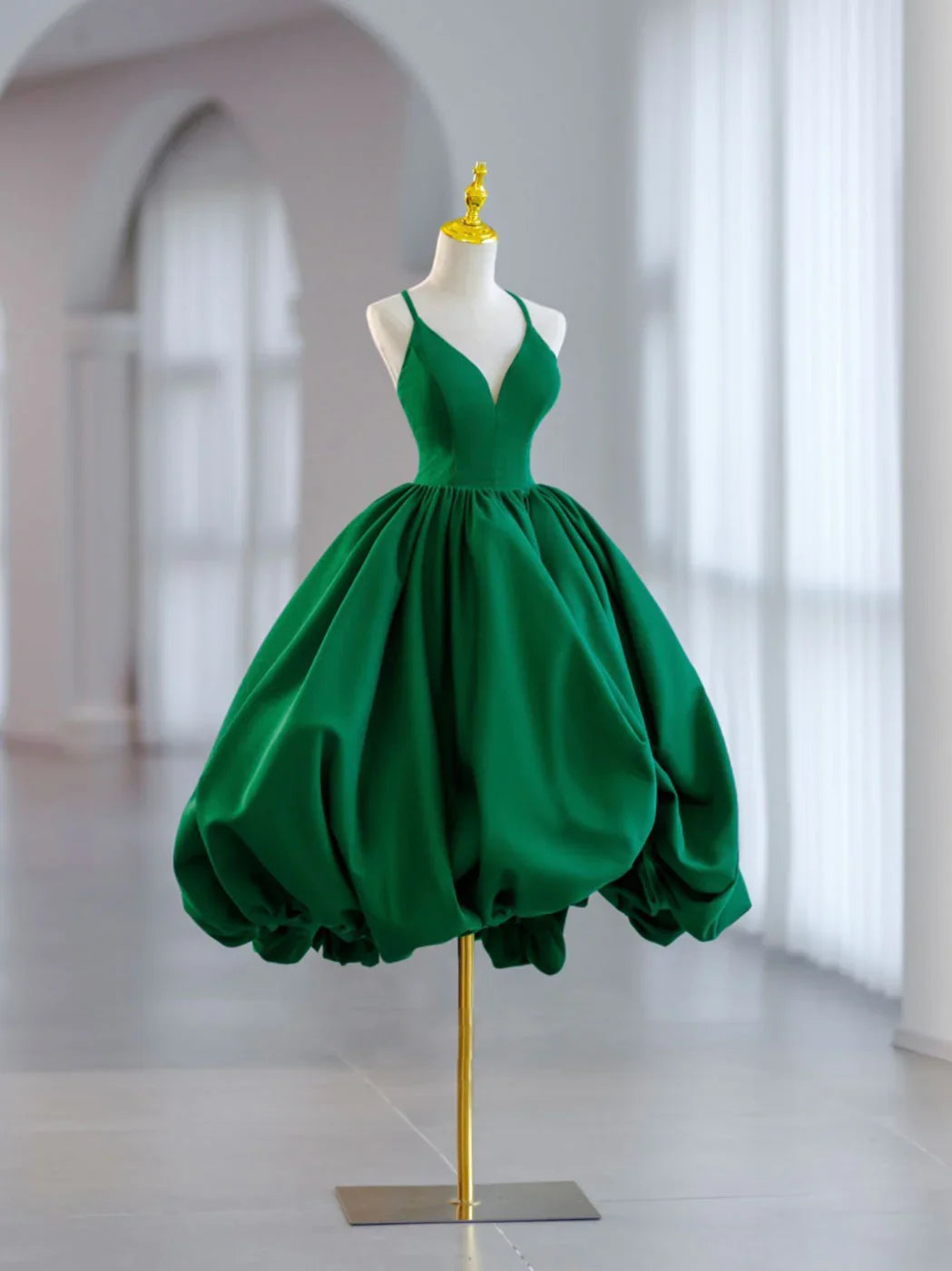 Green Ball Gown Satin Short Prom Dress, Green Satin Evening Dress Green Homecoming Dresses