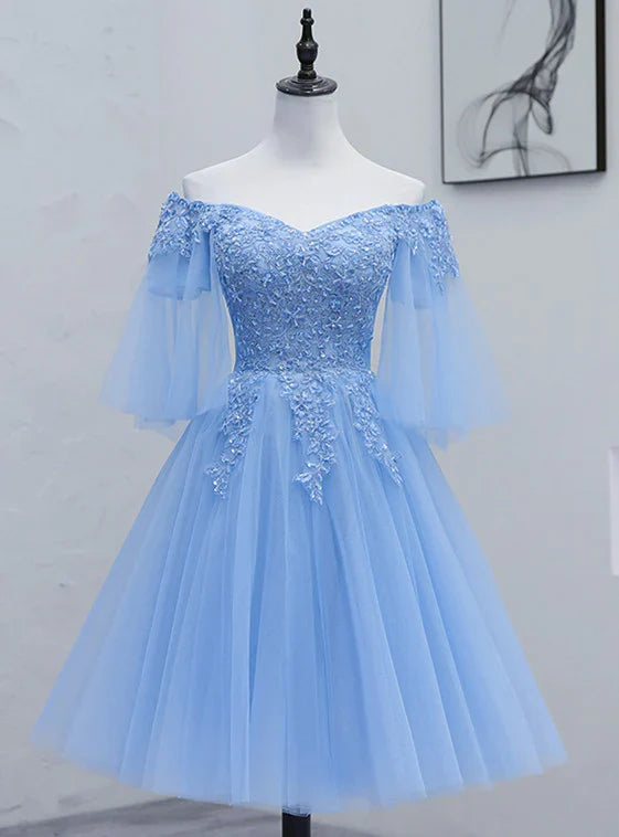 Lovely Light Blue With Lace Off Shoulder Short Prom Dress, Blue Homecoming Dresses