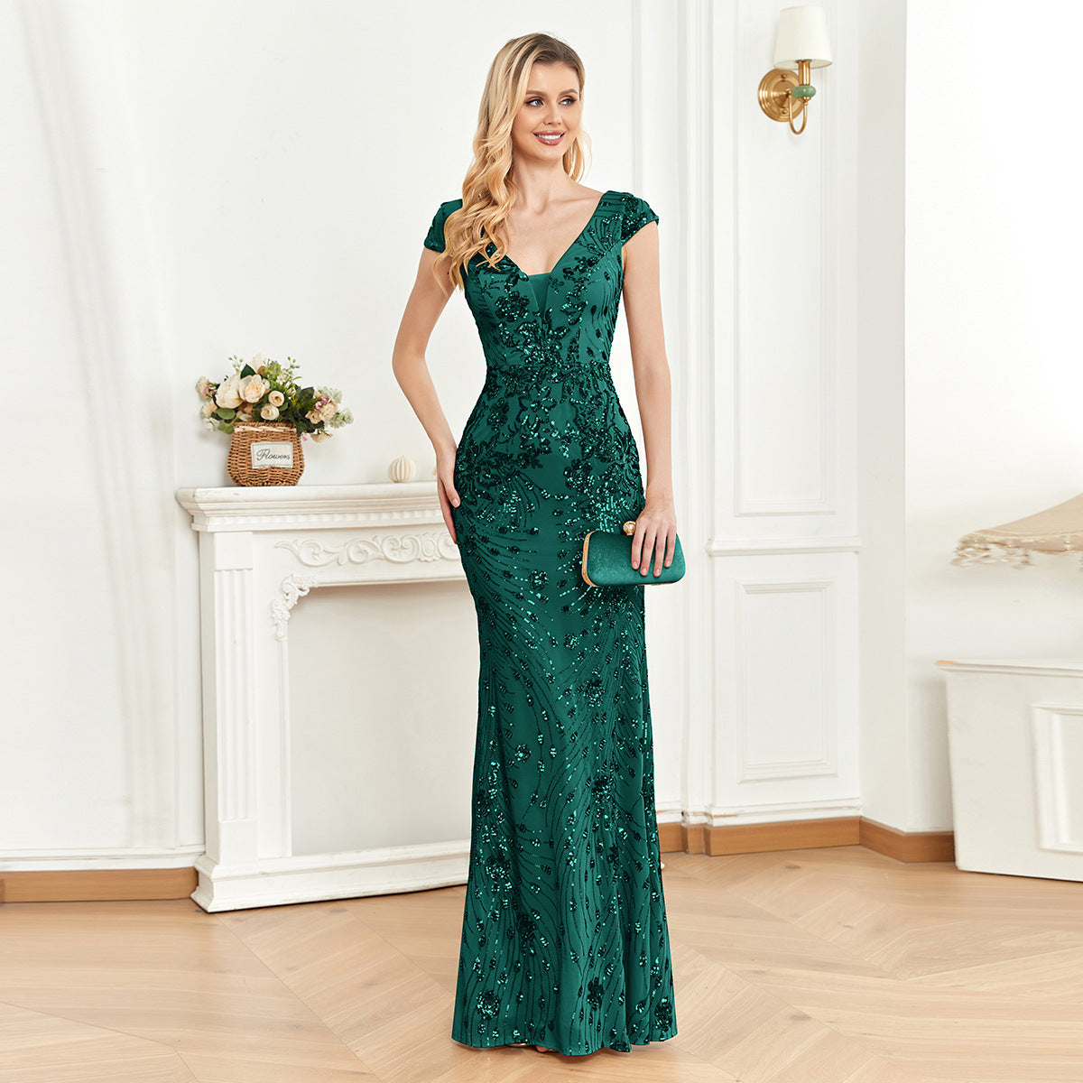 Sequined Champagne Evening Cocktail Slim Fit Fishtail Long Toast Dress