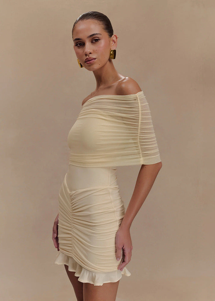 Off Shoulder Mesh Ruched Mini Dress