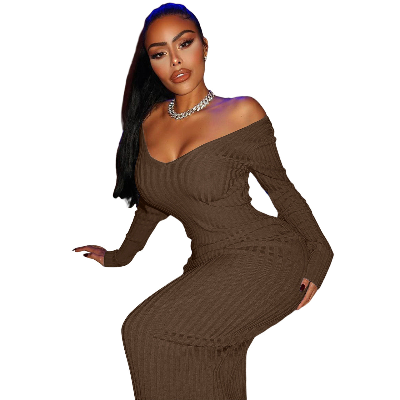 Troy Off The Shoulder Knit Midi Dress Chocolate FINAL
