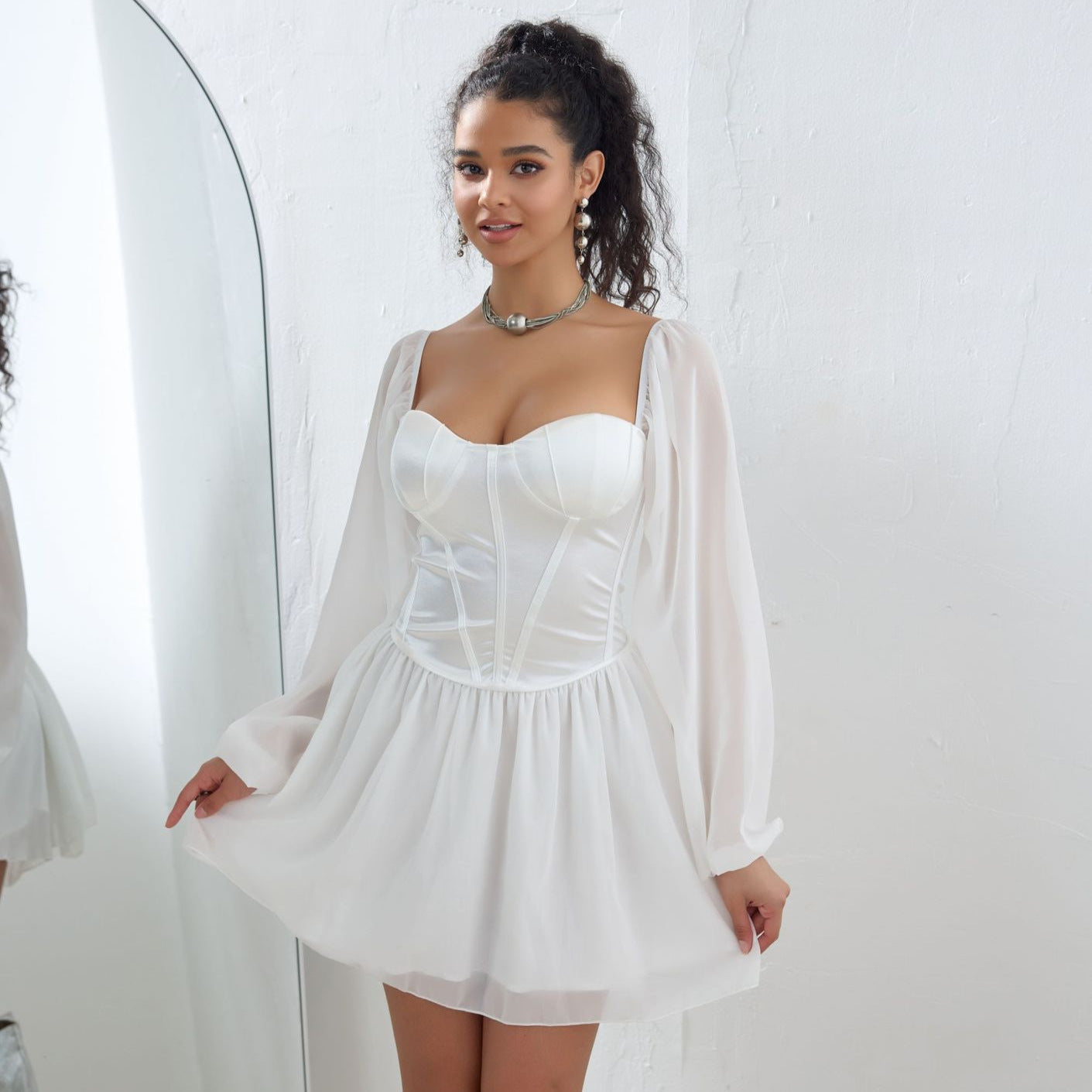 Plus Size Dress Tube Top Square Collar Mesh Stitching Satin High Waist A line Dress