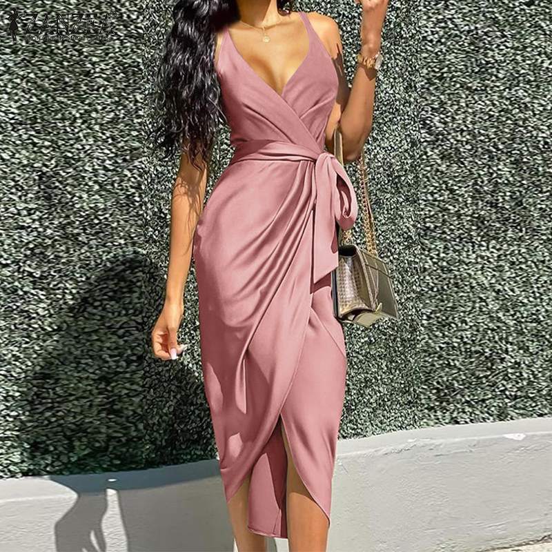 Starling Satin Wrap Midi Dress Peach